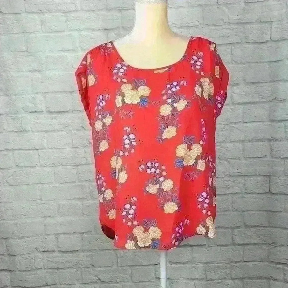 Pink Rose Floral Short Sleeve Blouse  Crew Neck - Picture 6 of 7